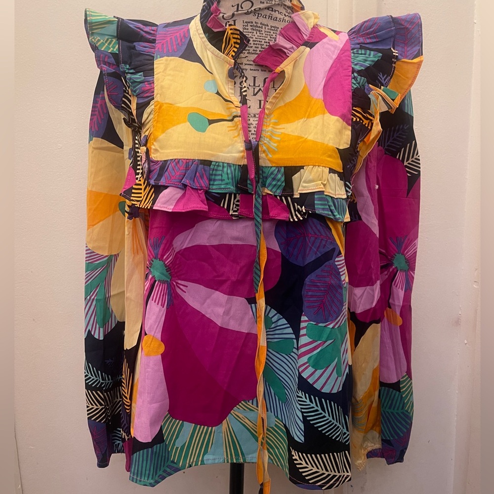Ruffled Pink and Purple Graphic Blouse - Picture 5 of 8